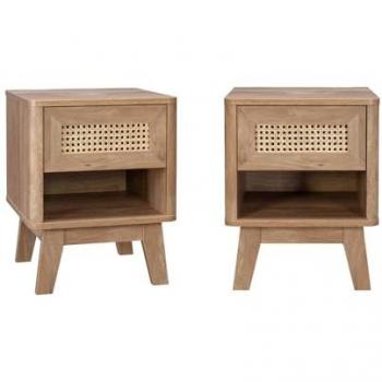 Set di 2 Comodini Effetto Legno e Canna, con Cassetto e Niche