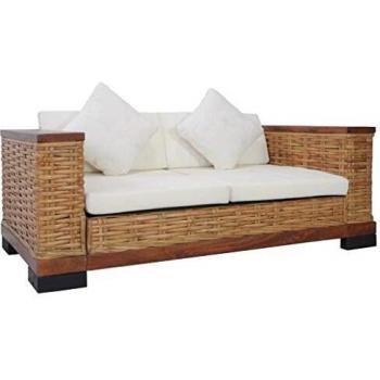 Brown Rattan 2-Seater Sofa with Cushions