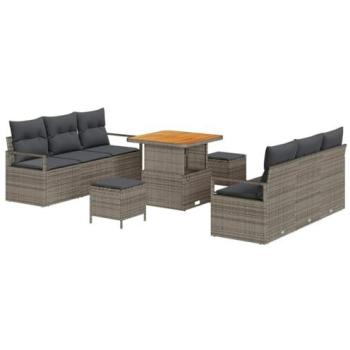 Coussin gris poly rattan pour ensemble de jardin – 9 pièces