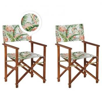 Set di 2 Sedie da Regista per Giardino in Legno Scuro con Tessuto Grigio Motivo Fenicotteri Multicolore Fodera Sostituibile