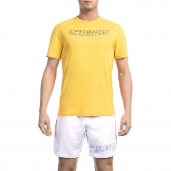 Bikkembergs Men's Yellow Cotton T-Shirt with Logo Front Print, Size L