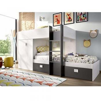 Cama Tren con Armario y Cajones Groe, Blanco Artik/Grafito, 150x271x111 cm