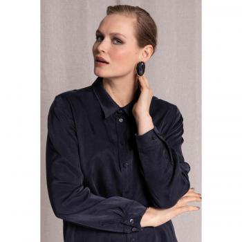 Camicetta svasata in cupro blu, colletto da camicia, taglia 52/54