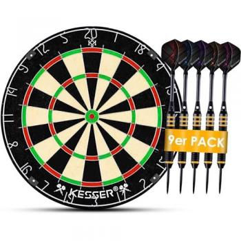 KESSER® Profi Dartscheibe Kork mit 9 Steeldart Pfeilen und Zubehörset