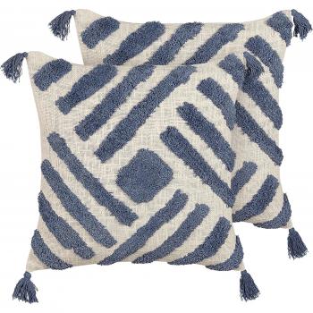 Cojines decorativos de algodón azul y beige, 45 x 45 cm, con patrón geométrico
