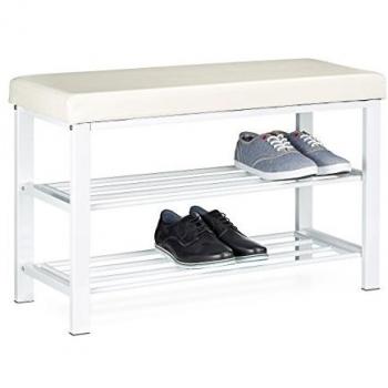 Relaxdays White Faux Leather Shoe Bench with 2 Shelves for 6-8 Pairs, 49 x 81 x 31 cm