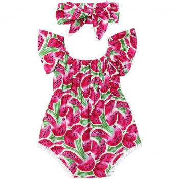 Newborn Baby Girls Cotton Bodysuit and Headband Set with Watermelon Design