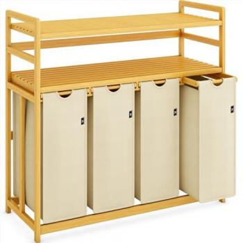 AdelDream Wäschekorb „Bambus‑Eleganz“ – 200 L, Regale, ausziehbar & abnehmbar