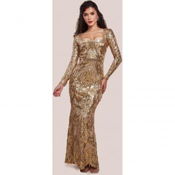 Square-Neck Gold Sequin Maxi Dress – Scalloped Hem by Goddiva