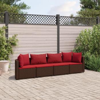 Set Divano da Giardino 4 pz con Cuscini Marrone in Polyrattan