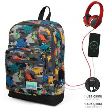 Coral High Kids Dark Gray Black Camouflage Dinosaur School Backpack