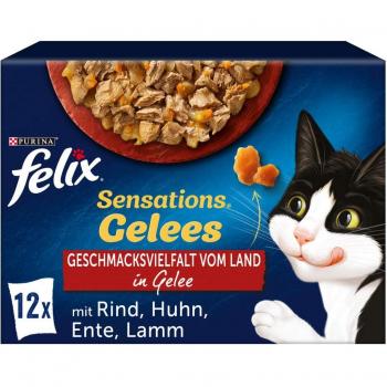 Felix Sensations Gelees Geschmacksvielfalt vom Land Multipack (Katzenfutter, Nassfutter in Gelee, verschiedene Sorten mit Fleisch und Gemüse, 12 Beutel à 85g)