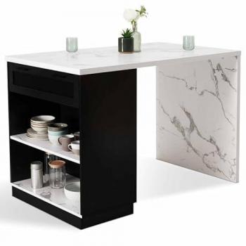 Isla de Cocina Vito 130 cm negra con superficie efecto mármol alaska para 4 personas