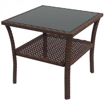 Table d'appoint extérieure Outsunny – deux niveaux, plateau en verre trempé, cadre acier galvanisé, finition marron en résine tressée (50 × 45 × 50 cm)