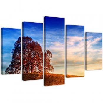 Stampa artistica su tela cinque pezzi, Albero su un rilievo 100x70 blu