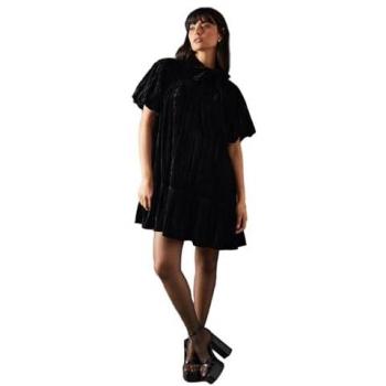 Women's Black Velvet Crinkle Puff Sleeve Mini Dress with Tie Neck and Tiered Hem
