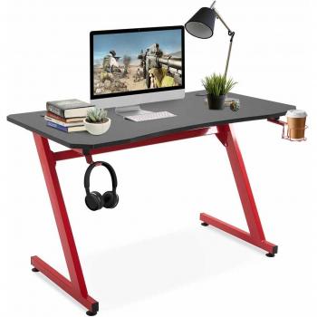 Red Steel Frame Gaming Desk with Headphone Hook and Cup Holder