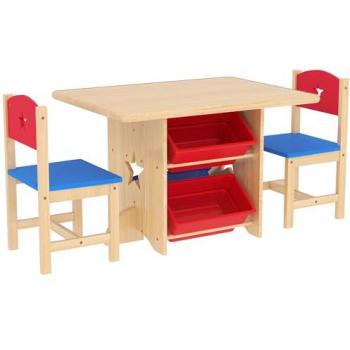 Ensemble table et chaises enfant (AIYAPLAY) – 3 pièces – 4 tiroirs de rangement – bois naturel