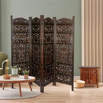4 Panel Heavy Carved Wooden Room Divider Screen with Leaves Design