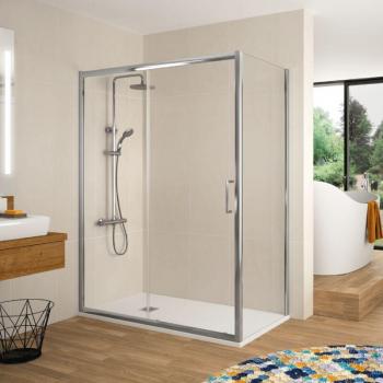 Frontal de Ducha KASSANDRA 140 cm, Puerta Corredera, Lateral Fijo 67‑69 cm – Elegancia Negra