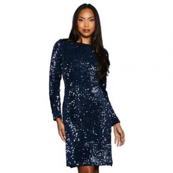 Sequin Velvet Pencil Dress – Navy, 14 UK