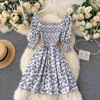 Blue Floral Gothic A-line Dress