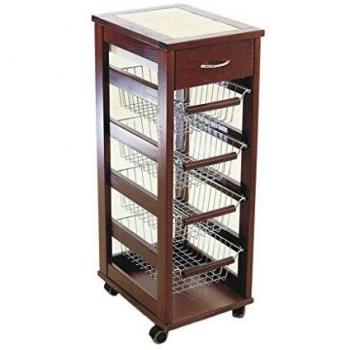 Carrello in Legno di Noce con Cassetto e Cestelli per Cucina con Ruote