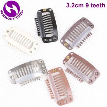 50 Units 3.2cm 9 Tooth Stainless Steel Hair Extension Snap Clips with Silicone (Black, Dark Brown, Medium Brown, Light Brown, Blonde, Silver)