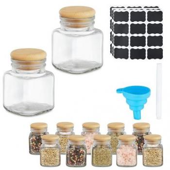 12 Glass Spice Jars, 100ml, Square with Bamboo Lid, Labels & Funnel