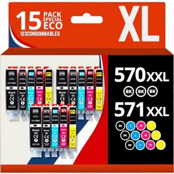 Pack de 15 cartouches d'encre compatibles Canon PGI-570 XL/CLI-571 XL (6 Noir, 3 Cyan, 3 Magenta, 3 Jaune)