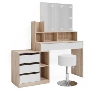 Tavolo da make-up Anja, Bianco/Sonoma, 139.8 cm con illuminazione LED e sgabello