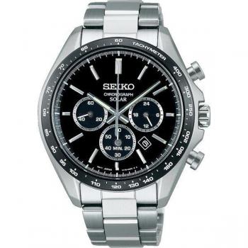 Solaire Seiko SBPY167 Chronograaf voor mannen – Metalen band, ronde zilverkleurige kast