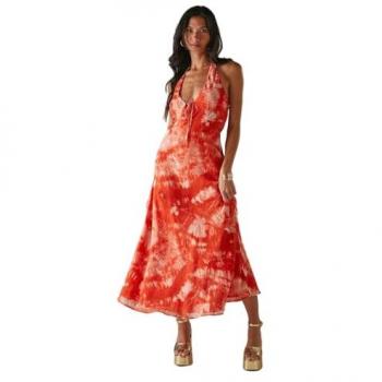 Bias‑Cut Orange Tie‑Dye Chiffon Halter Midi