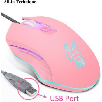 Mouse USB Tipo C Rosa 2400DPI con Luz LED, Adecuado para Portátiles y Tablets