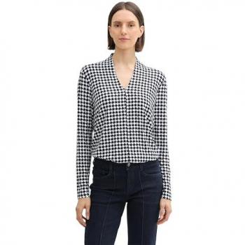 TOM TAILOR Langarmshirt Damen, V-Ausschnitt, All-Over Print, schwarz