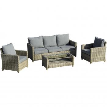 Outsunny 5-Seater Patio Wicker Sofa Set with Padded Cushions and 2-Tier Table, Outdoor PE Rattan Sectional Conversation Furniture (Brown)