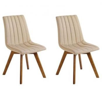 Set di 2 Sedie da Pranzo Beige in Tessuto di Poliestere con Gambe in Legno Massello Scuro e Schienale Curvo Calgary