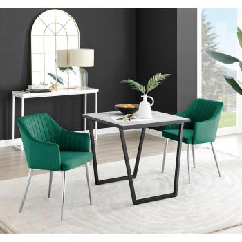 Carson Marble-Effect Square Table with Dual Calla Silver Leg Chairs (Green)