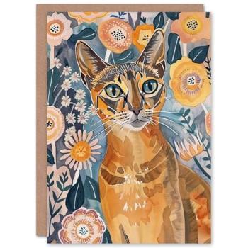 Watercolor Abyssinian Cat Folk Art Greeting Card