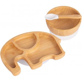 Children's White Bamboo Suction Elephant Feeding Set