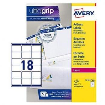 Avery Self Adhesive Address Mailing Labels, Laser Printers, 18 Labels Per A4 Sheet, 4500 labels, QuickPEEL