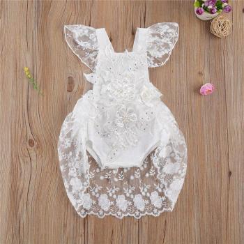 Baby Girls Backless Ruffled Romper with Lace and Floral Embroidery 0-24M