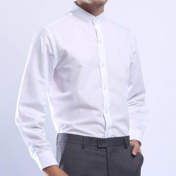 Men’s Long‑Sleeve Mandarin Stand Collar Shirt – White, Single Breasted, Traditional Chinese Style