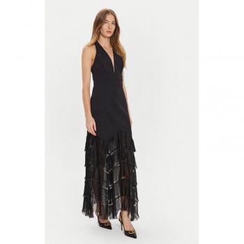Abito lungo nero slim fit con ruches in tulle, Taglia 46