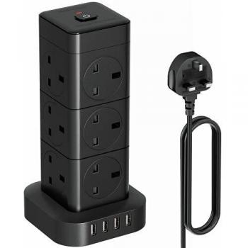 Hulker Tower Extension Lead with USB 12 Way 4 (1 Type C and 3 USB Ports) Multi Plug Extension Socket Black Vertical Power Cord