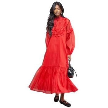 Women's Red Midi Dress – Frill Detail, Premium Crinkle Stripe, Size 16