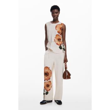 Pantalón ancho marrón de mujer con flores Desigual