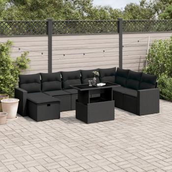 Set Divani da Giardino 9 pz in Polyrattan con Cuscini Neri