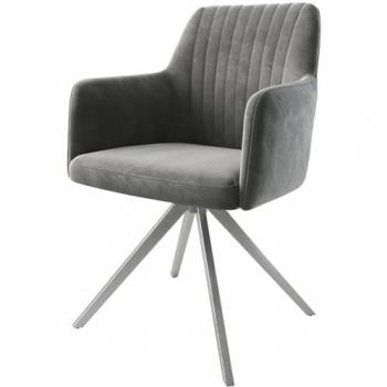 Drehstuhl Greg-Flex aus grauem Samt mit kantigem Edelstahl-Kreuzgestell, 180° drehbar