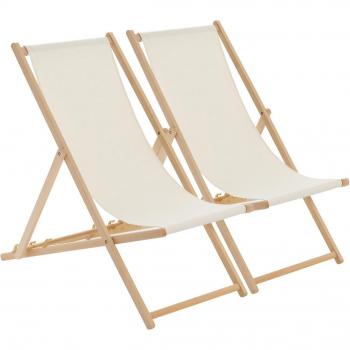 Natural Wooden Folding Deck Chairs for Gardening, Set of 2